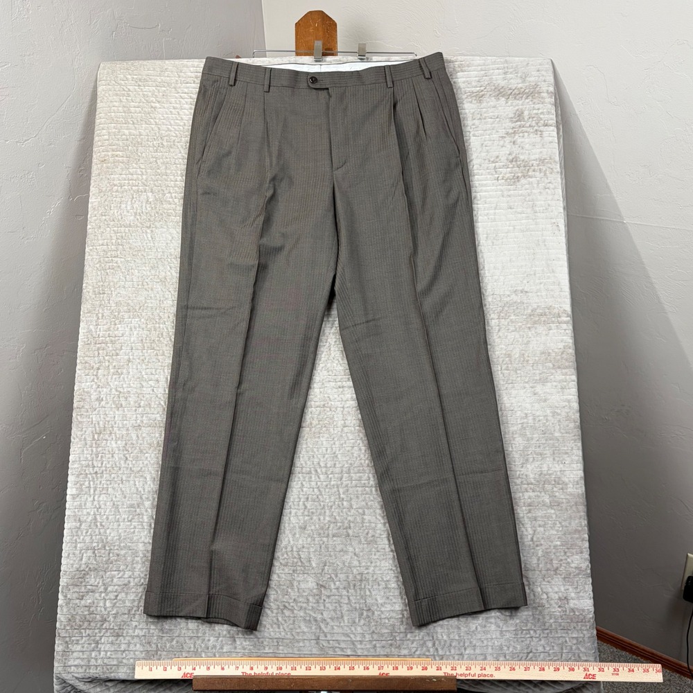 Zanella Thomas Brown Herringbone Wool Pleated‎ Cuffed Dress Pants Mens 40 Italy